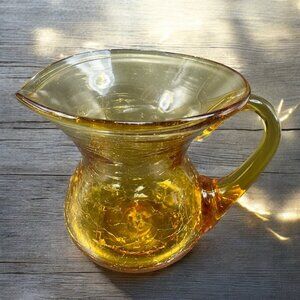 Vintage MCM Crackle Glass Small Pitcher Jug Creamer Amber Hand Blown Glass Decor